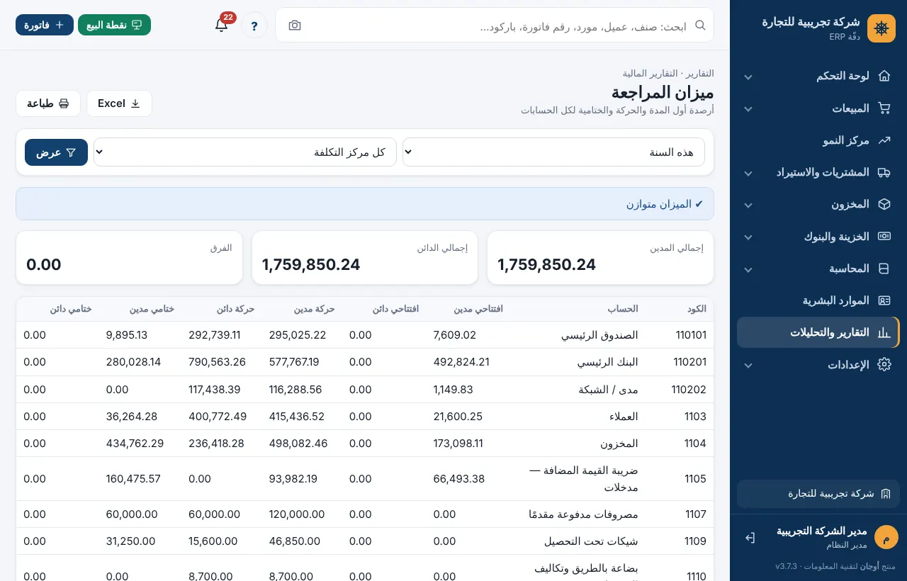 ميزان المراجعة بأرصدة أول المدة والحركة والختامية
