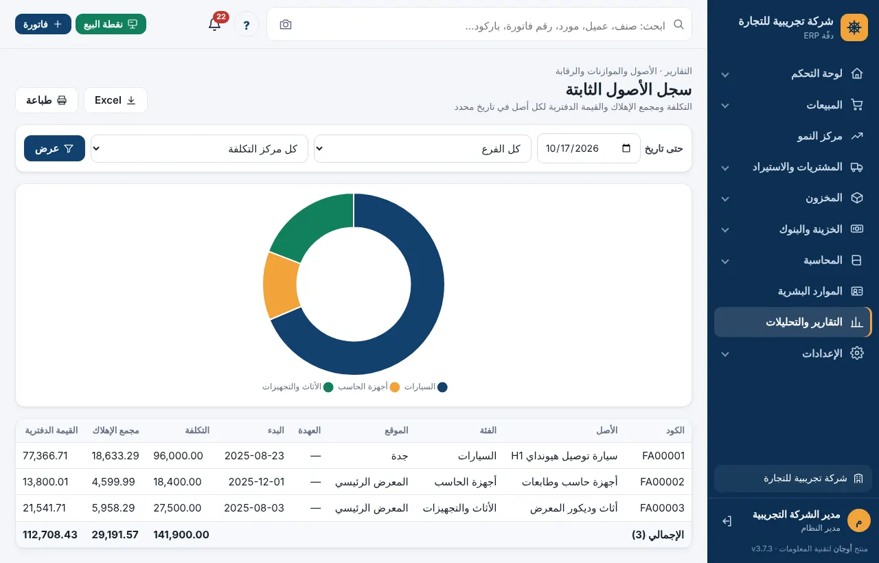 تقرير سجل الأصول الثابتة في تاريخ محدد