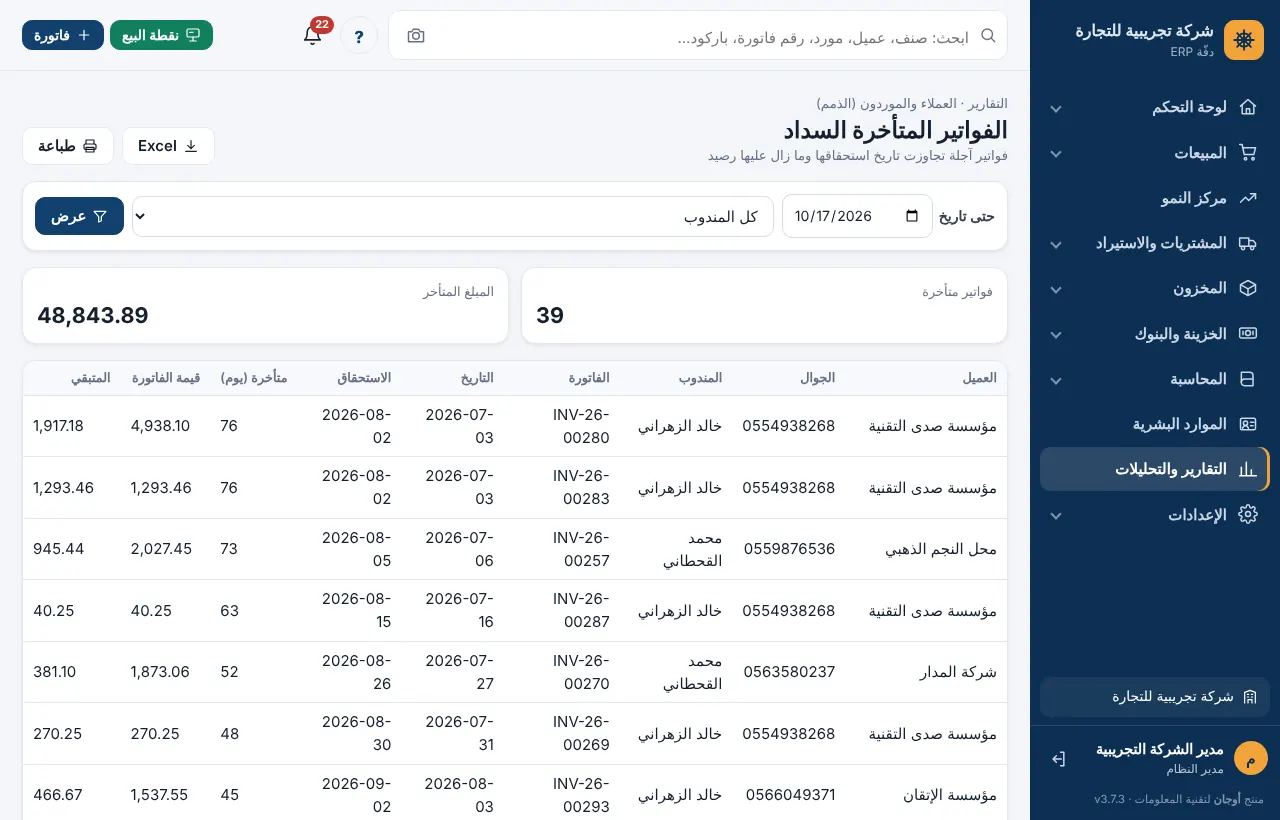 تقرير الفواتير المتأخرة السداد